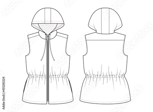 Fashion technical drawing of hooded gilet 