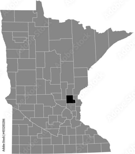Black highlighted location map of the Isanti County inside gray map of the Federal State of Minnesota  USA