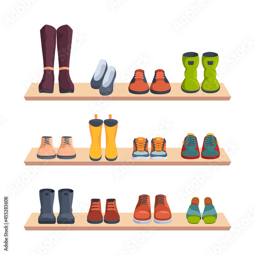 Shoes on shelves. Merchandizing shop window trendy fashioned shoes front view sport sneakers and boots for women and men garish vector illustrations set