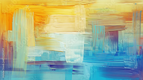 Textured yellow and blue paint strokes, artwork, oil painting on canvas. Acrylic art. Abstract grungy background