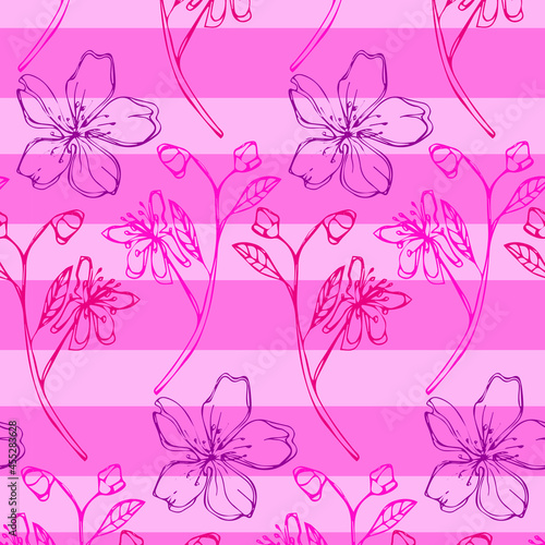 Hand drawn seamless pattern with botanical illustration cherry and sakura flowers isolated on stripes and pink background. Elegant vector illustration. photo