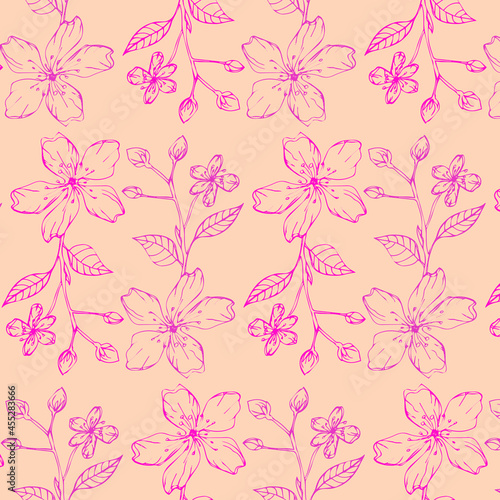 Hand drawn seamless floral pattern with beautiful sakura branches isolated on light pink background. Cute botanical ornament. Vector illustration.