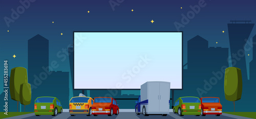 Outdoor cinema. Automobile in dark night filming attraction events in summer park garish vector flat illustrations