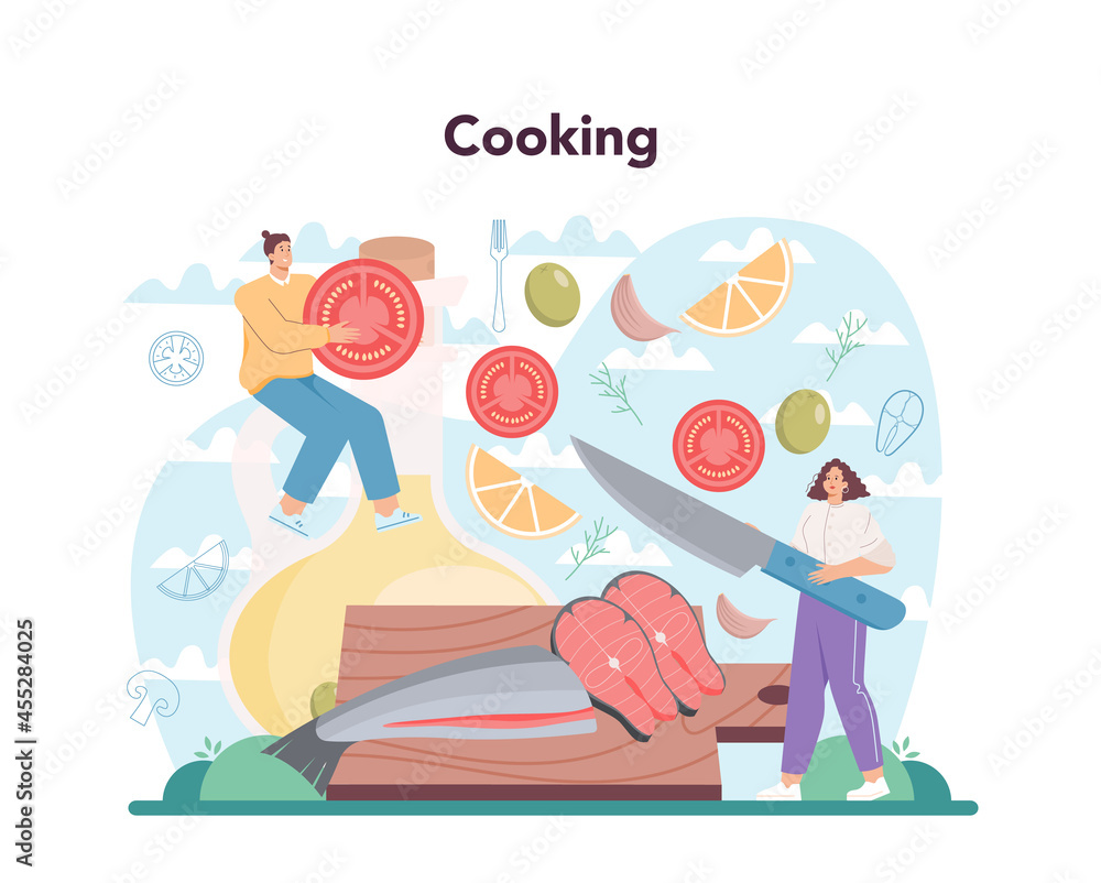 Salmon steak. Chef cooking grilled fish steak on the plate with lemon Salmon steak. Chef cooking grilled fish steak on the plate with lemon