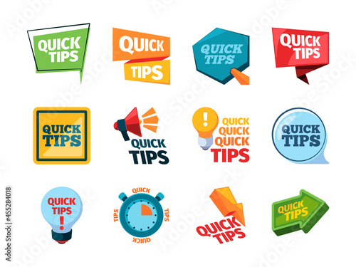 Quick tips. Promo labels idea reminder stickers education messages think marks creative colored idea logos garish vector quick tips set