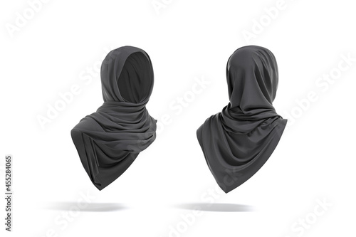 Blank black woman muslim hijab mockup, front back, side view photo