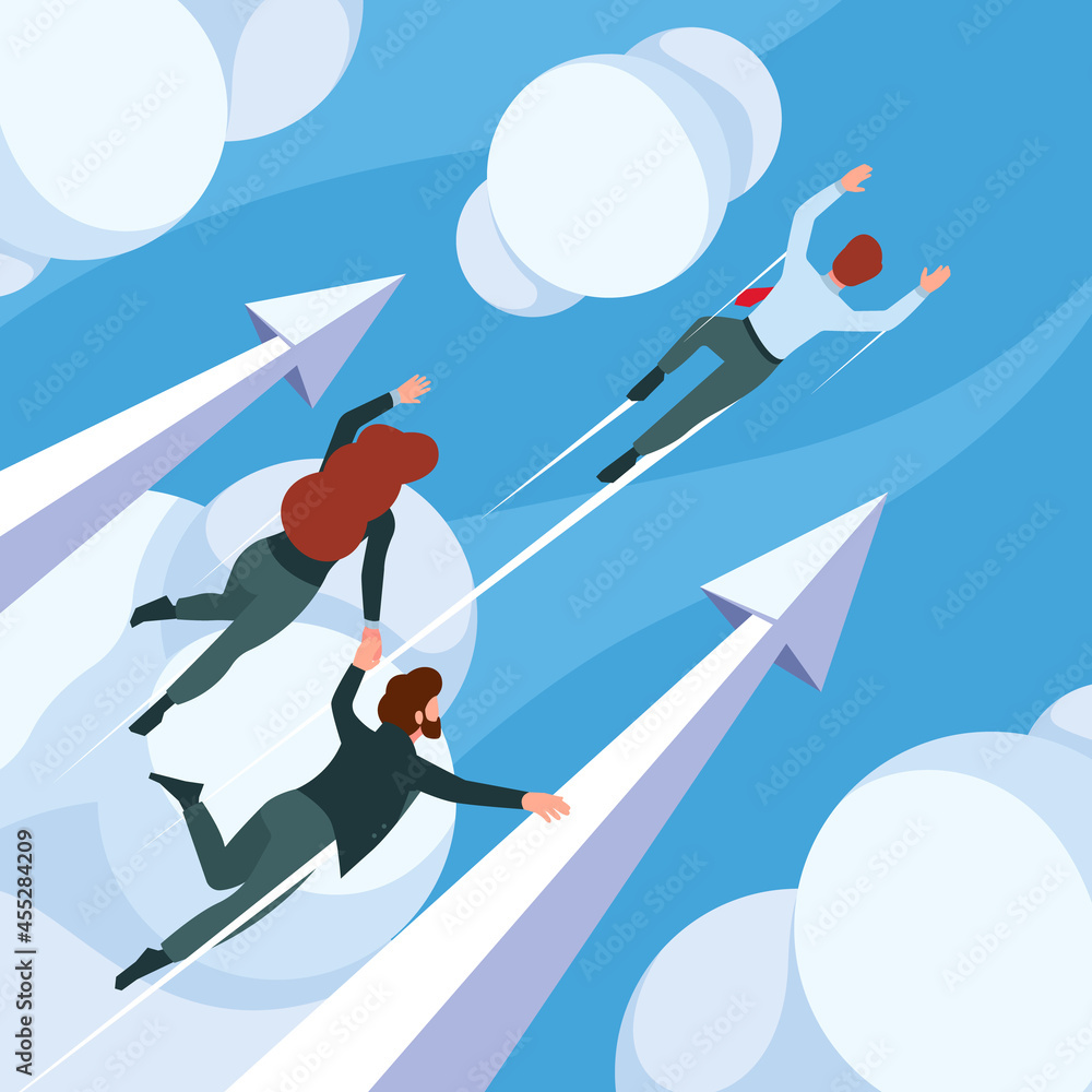 Flying business people. Successful persons dreaming powerful moving to goals managers in clouds business energy superheroes garish vector concept background