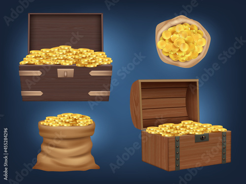 Gold chest. Realistic sack and wooden pirate chest with treasures old vintage case full of money golden coins decent vector illustrations set isolated