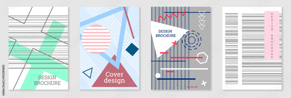 Set of cover design in Memphis style. Geometric design, abstract background. Fashionable bright cover, banner, poster, booklet. Creative colors. Set of cover design in Memphis style. Geometric design, abstract background. Fashionable bright cover, banner, poster, booklet. Creative colors.