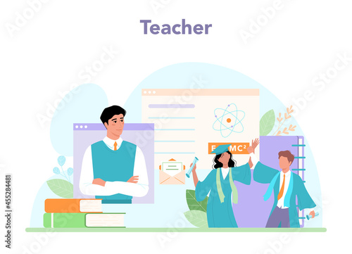 Teacher concept. Professor giving a lesson online or in a classroom