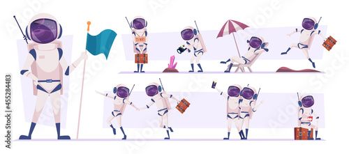 Space travellers. Cosmonauts in action poses futuristic tourists walking playing relaxing exact vector flat person in cartoon style