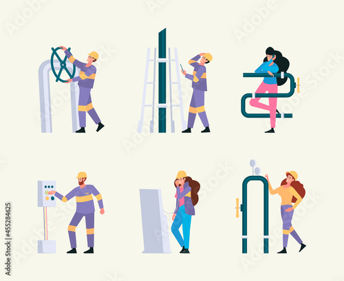 Oil gas industry. Engineer workers diversity professional pipe industrial service characters garish vector flat illustrations stylized concept