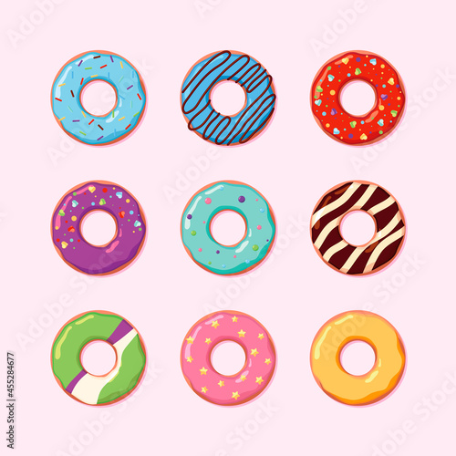 Donuts collection. Dessert foods for coffee time breakfast chocolate snacks pastries products garish vector donuts illustrations