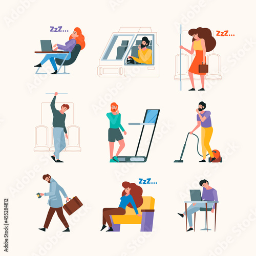 Tired persons. Mental problems sleeping workers stressed male and female office managers garish vector flat illustrations