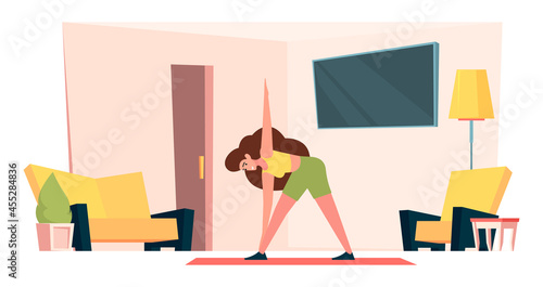 Fitness interior. Active people making sport gymnastic stretch exercises in living room interior garish vector flat background illustration