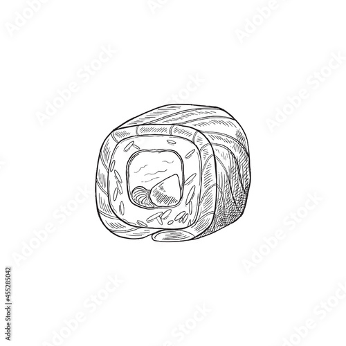 Traditional tasty japanese food - fresh sushi roll with seafood and rice.
