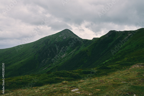 A landscape of a mountainous area covered with grass and stones. Cloudy mountain landscape. The forest is covered with fog and clouds.