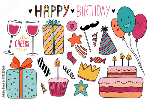 Happy Birthday doodle elements for greeting card and christmas holiday decoration. Kawaii stickers and pins designs.