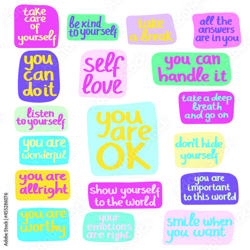 Colorful set of vector hand drawn qouts about self care, self help affirmations. Support words for people with mental disorders.