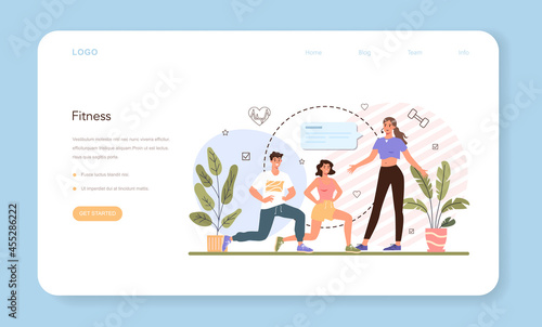 Fitness trainer web banner or landing page. Workout in the gym