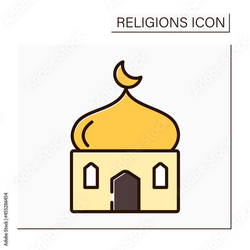Islam color icon. Main temple in muslim culture. Traditional place of worship in Islam. Crescent muslim symbol. Religion concept. Isolated vector illustration