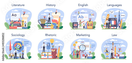 Social school subject or educational class set. Student studying social