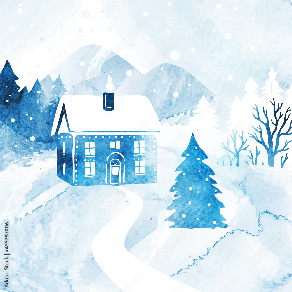 Fototapeta premium Vector watercolor winter nature template. Hand drawn frame with deer, bird, forest and place for text or illustration. Watercolor blue landscape