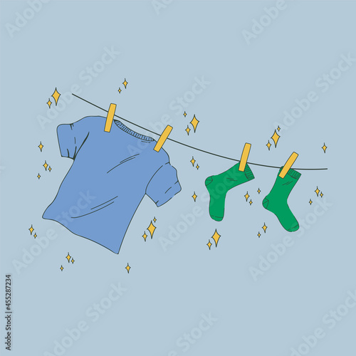 Illustration for Clean clothes in the Laundry Room. The linen is clean, it dries. T-shirt, socks in a circle of shimmering purity. Vector illustration for a laundry service. Vector illustration