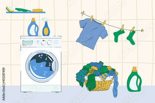 Illustration of a laundry room. Cartoon washing machine. A basket with dirty laundry. T-shirt, socks are clean, dry. A product for a laundry room or service. Vector illustration