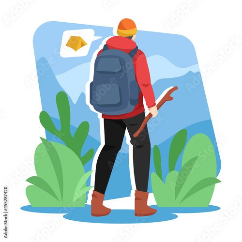 illustration of a man walking back view. camping, hiking. want to make a tent. with a background of mountains, grass, and plants. travel, vacation, travel. flat vector style.