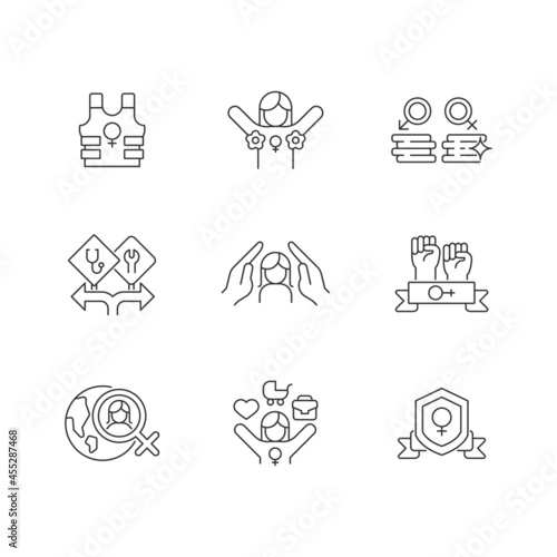 Feminist activity linear icons set. Female freedom fighter. Radical feminism. Equal pay for work. Customizable thin line contour symbols. Isolated vector outline illustrations. Editable stroke
