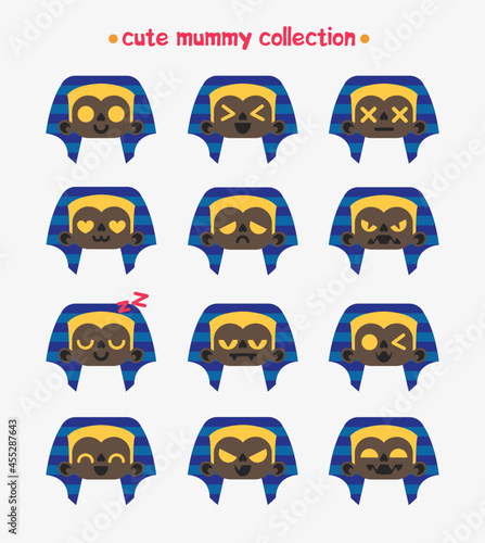 Collection of cute mommy faces. Hand drawn Halloween cute and kawaii mommy collection. Сute mommy icons. Halloween emoji icons.