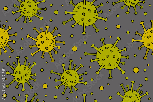 Background. Virus seamless pattern. Virus. Mandatory vaccination. Coronavirus. Covid-19. Flu. Infection. Disease. Pandemic. Epidemic. Freehand drawing. Doodle vector illustration.