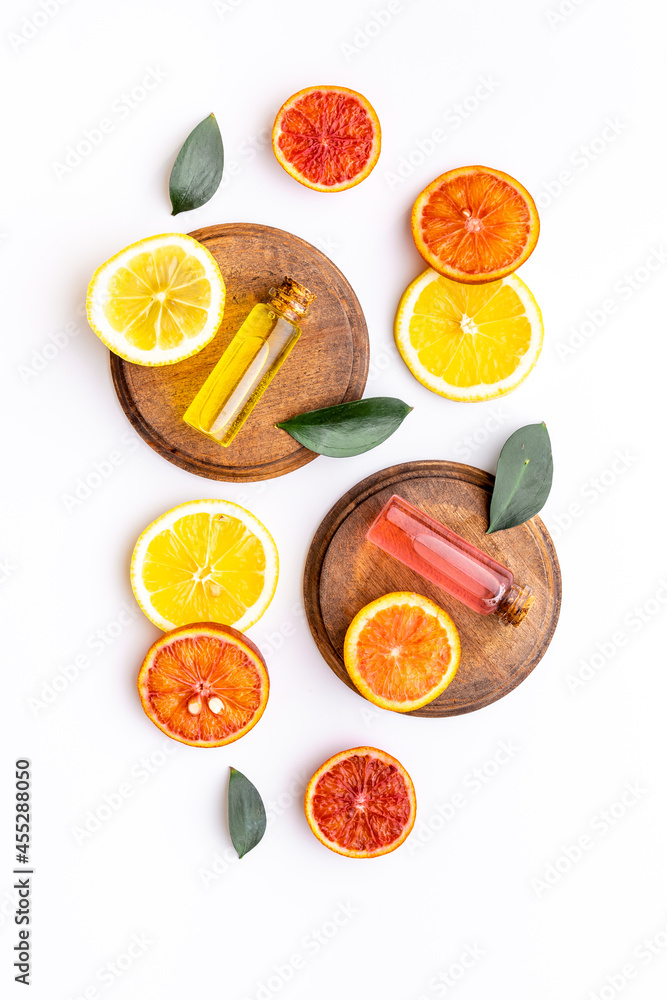 Aroma therapy with citrus essential oil. Top view