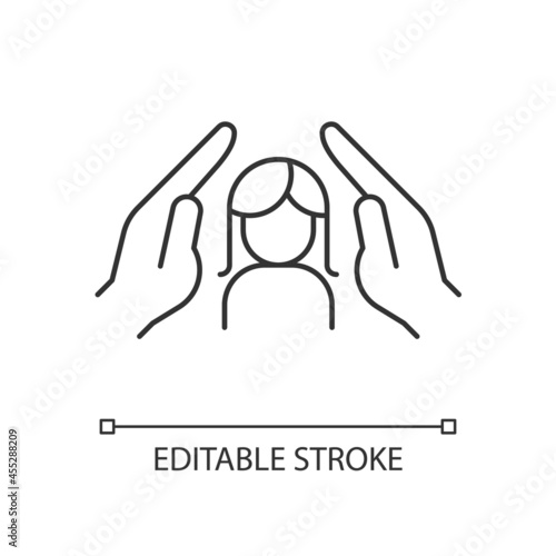 Women protection linear icon. Protect girls against violence. Female empowerment. Women safety. Thin line customizable illustration. Contour symbol. Vector isolated outline drawing. Editable stroke
