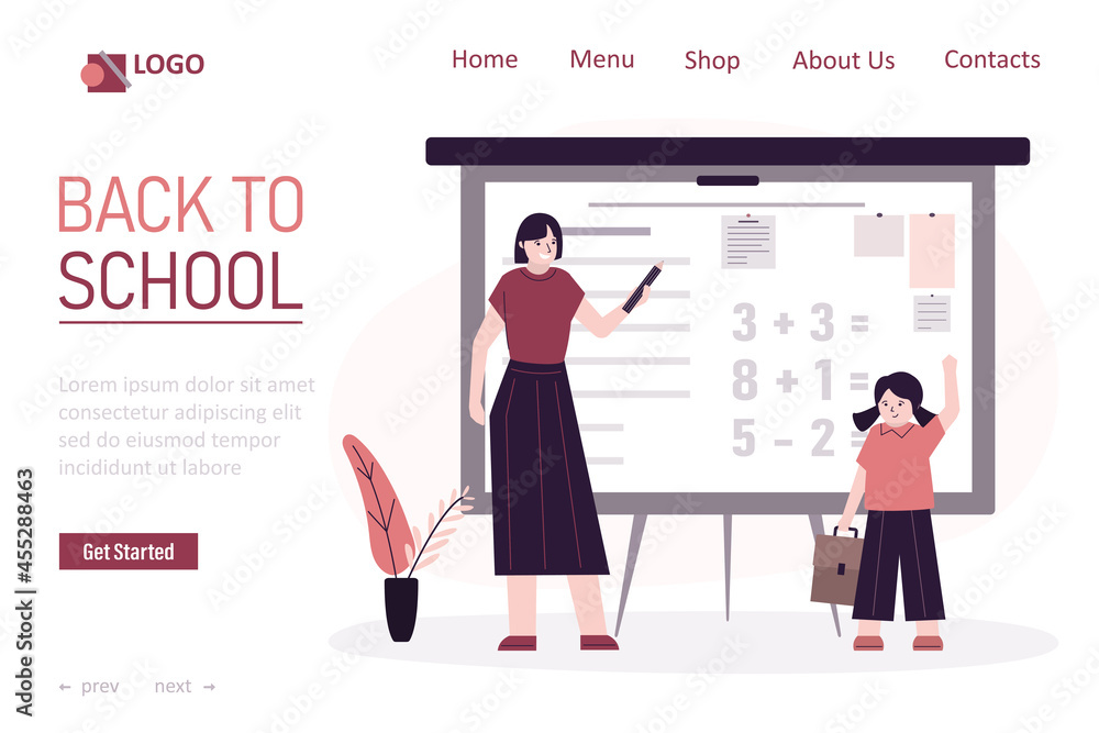 Fototapeta premium Back to school. Cartoon teacher in front of blackboard explaining example to pupil. Concept of teaching and learning in classroom. Education and knowledge.