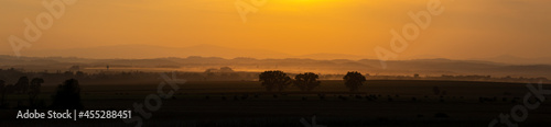 Orange sunset over the fields. Good lighting conditions, distant planes visible