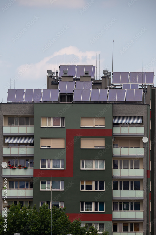 Solar panels installed on roof of the appartment house. Good lighting conditions, Naturally soft light