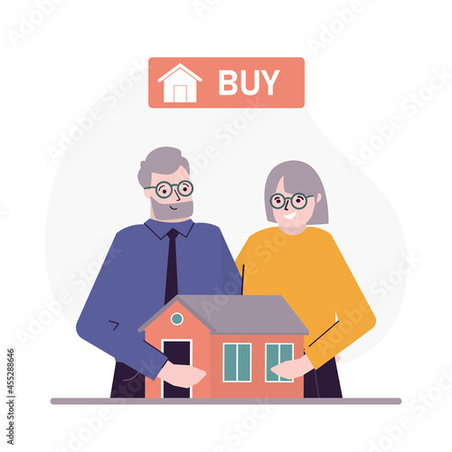Elderly family buy new house. Old married couple buying apartment. Online real estate selection or acquire service. Purchase of home