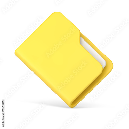 Office yellow folder with papers 3d icon. Closed plastic file with documentation