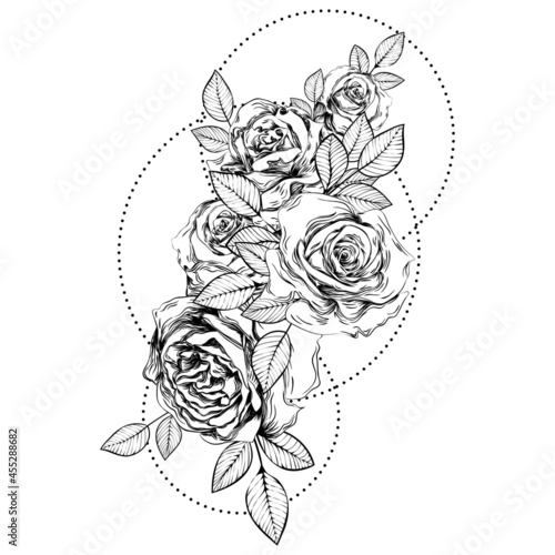 Bouquet of roses. Botanical line art illustration. Sketch. Gothic tattoo.