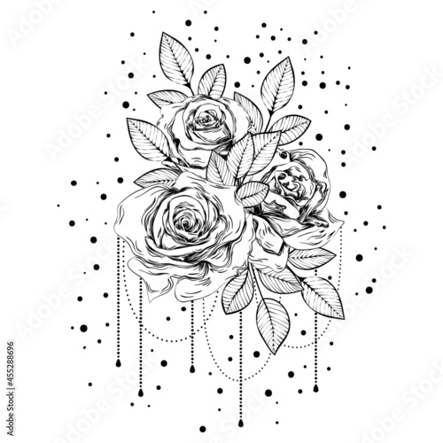 Bouquet of roses. Botanical line art illustration. Sketch. Gothic tattoo.
