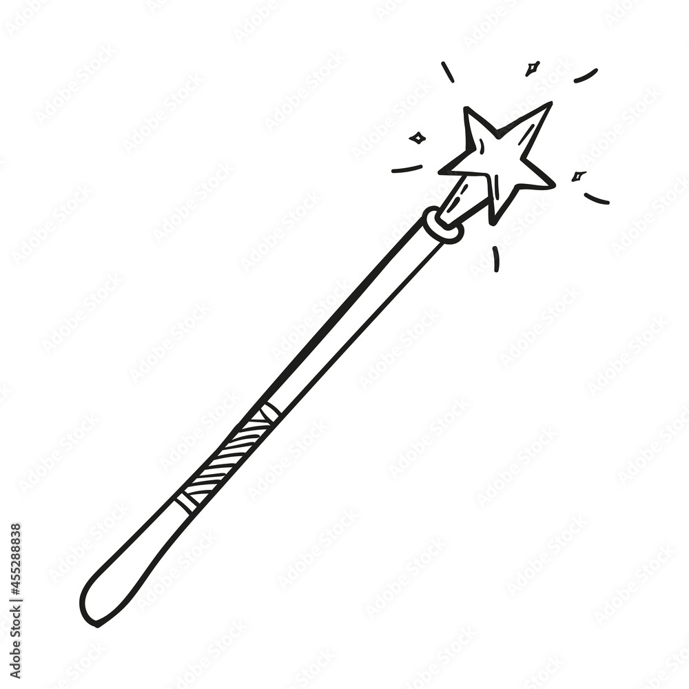 Naklejka premium Hand drawn magic wand icon in doodle style isolated