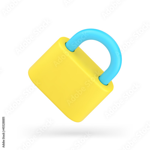 Yellow padlock 3d icon. Metallic lock with steel shackle