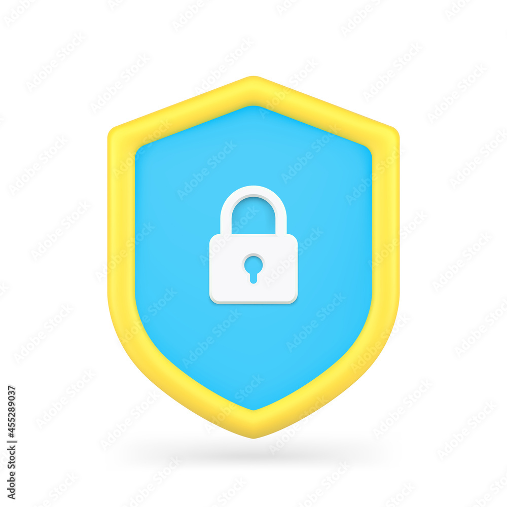 Closed lock on shield 3d icon. Antivirus and protection of users personal data Closed lock on shield 3d icon. Antivirus and protection of users personal data