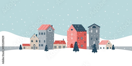 Minimal winter landscape. Flat snowy christmas scene, holiday background with tiny houses. Snow field, cute scandinavian style classy vector panorama