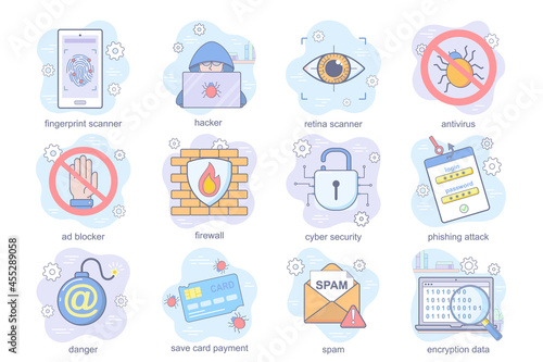 Cyber security concept flat icons set. Bundle of fingerprint or retina scanner, hacker, antivirus, blocker, firewall, encryption data and other. Vector conceptual pack color symbols for mobile app