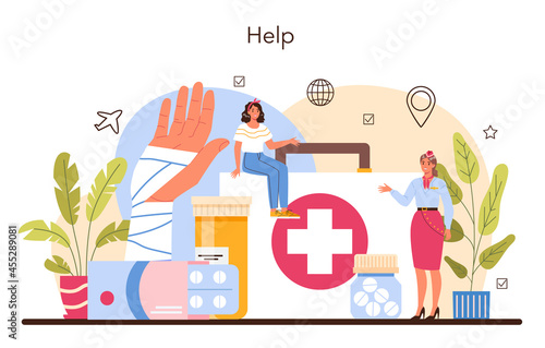 Stewardess concept. Flight attendants help passenger in airplane.