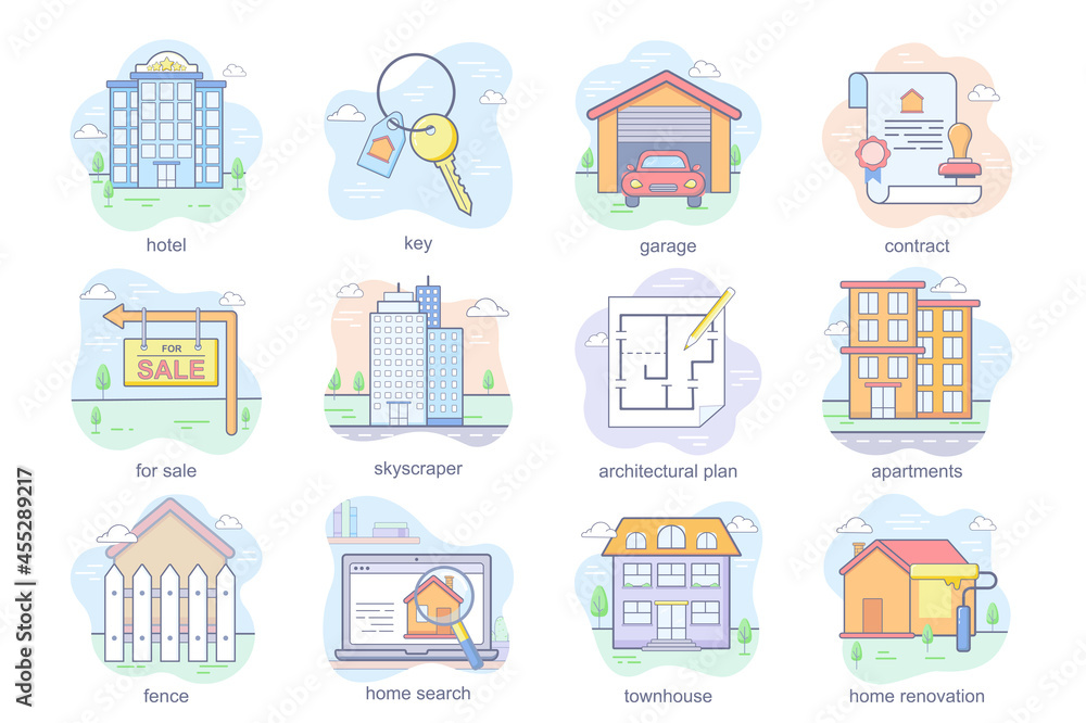 Real estate concept flat icons set. Bundle of hotel, key, garage, contract, skyscraper, architectural plan, apartments, home search and other. Vector conceptual pack color symbols for mobile app