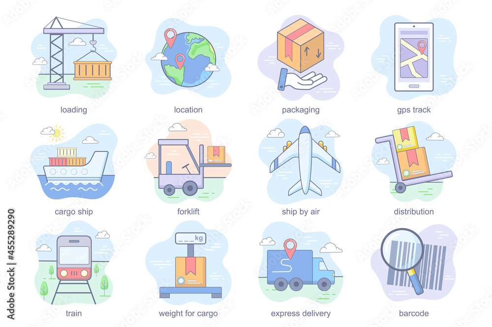 Shipping concept flat icons set. Bundle of loading, location, packaging, gps track, cargo ship, forklift, distribution, express delivery and other. Vector conceptual pack color symbols for mobile app